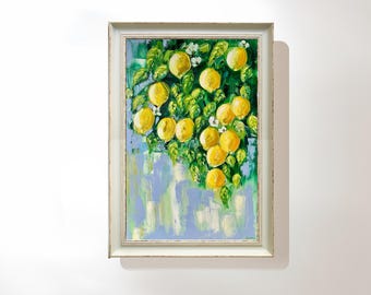 Original Lemon Tree Oil Painting, Farmhouse Kitchen Wall Art, 14x20 Inch