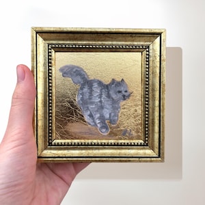 Gray Cat Painting on Gold Leaf, 4x4 Inch Original Signed Miniature Framed Art, Gray Cat Art in Vintage Gold Frame, Gifts for Cat Lovers