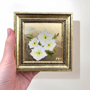White Petunia Painting on Gold Leaf, 4x4 Inch Original Signed Miniature Art, Tiny Painting in Gold Frame, Small Floral Art, Gift for Her