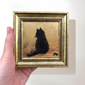 Black Cat Painting on Gold Leaf, 4x4 Inch Original Signed Art, Small Framed Wall Decor