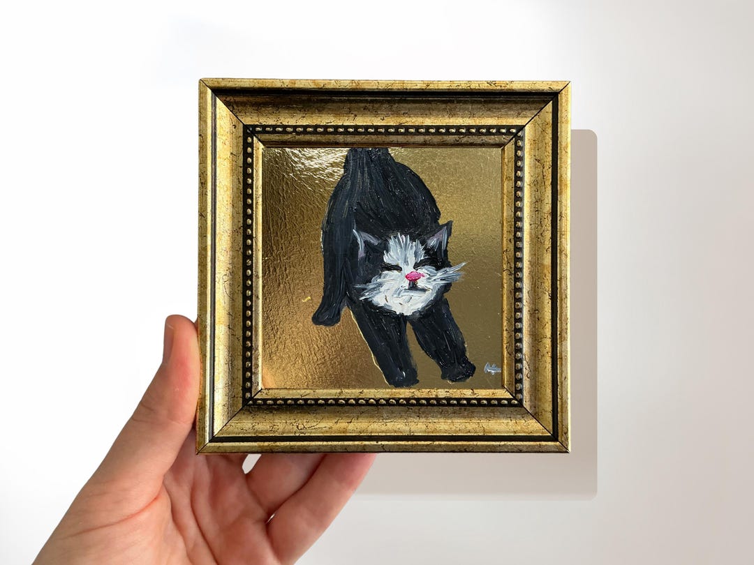 Mini Tuxedo Cat Oil Painting, Handmade Original Artwork, 4x4 Small ...
