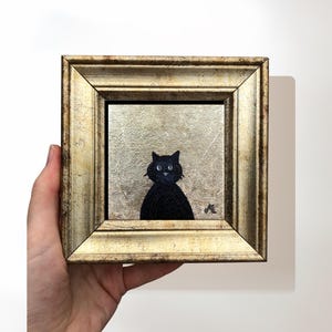 Funny Black Cat, 5x5 inch Gold Framed Original Signed Black Cat Painting, Cat Wall Art
