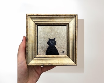 Funny Black Cat, 5x5 inch Small Framed Art, Unique Cat Wall Decor