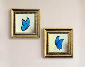 Set of 2 Framed Artwork; Blue Butterfly Painting - Small Framed Art