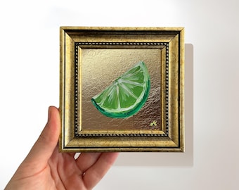 Original Lime Painting on Gold Leaf; 4x4 Vintage Framed Art, Kitchen Wall Decor