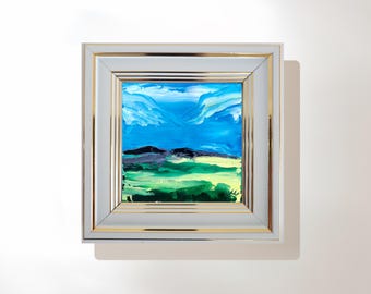 Abstrakte Landschaft: Blau Grün Töne, Weißer Rahmen 15x13 cm