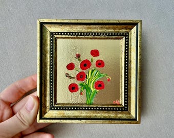 Red Poppy Oil Painting – Mini Floral Wall Art, Gold Frame Decor