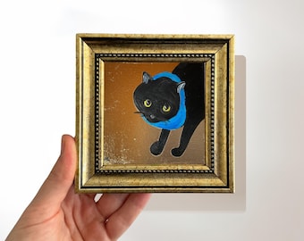 Black Cat with Blue Scarf Oil Painting, 4x4 Framed Wall Art, Original Artwork