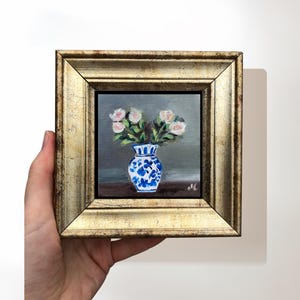 Vintage Roses in Blue and White Vase Original Painting, 5x5 Inches Miniature Canvas Art in Gold Frame, Chinoiserie Wall Art for Livingroom