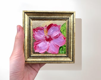 Original Hibiskus Ölgemälde, Mini Floral Art 100x100, Blumenwanddekor