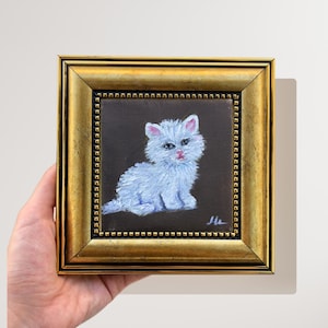 Cute White Cat Painting, 6x6 Inch Signed Miniature Art, Cat Portrait in Vintage Gold Frame, Original Small Painting Cat Face, Artisty Gifts