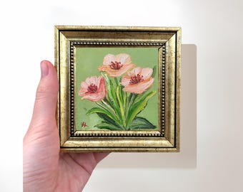 Mini Pink Tulips Oil Painting, Framed Floral Canvas Wall Art