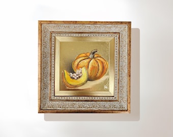 Pumpkin Painting on Gold Leaf, 6x6 Original Signed Framed Wall Art, Kitchen Wall Decor