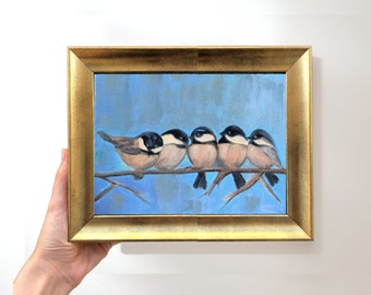 Chickadee Birds Painting, 10x8 Inch Original Signed Framed Art, Cute Animal Painting for Home Decoration, Artistic Gifts for Birds Lover