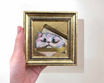 Toast Cat Painting, 4x4 Gold Framed Wall Art, Funny Cat Gift