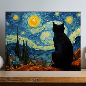 Black Cat Van Gogh Art Print | Vincent Van Gogh Derivative Artwork | Black Cat Canvas Wall Art Print | Starry Night | VG17