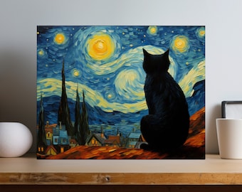 Black Cat Van Gogh Art Print | Vincent Van Gogh Derivative Artwork | Black Cat Canvas Wall Art Print | Starry Night | VG17