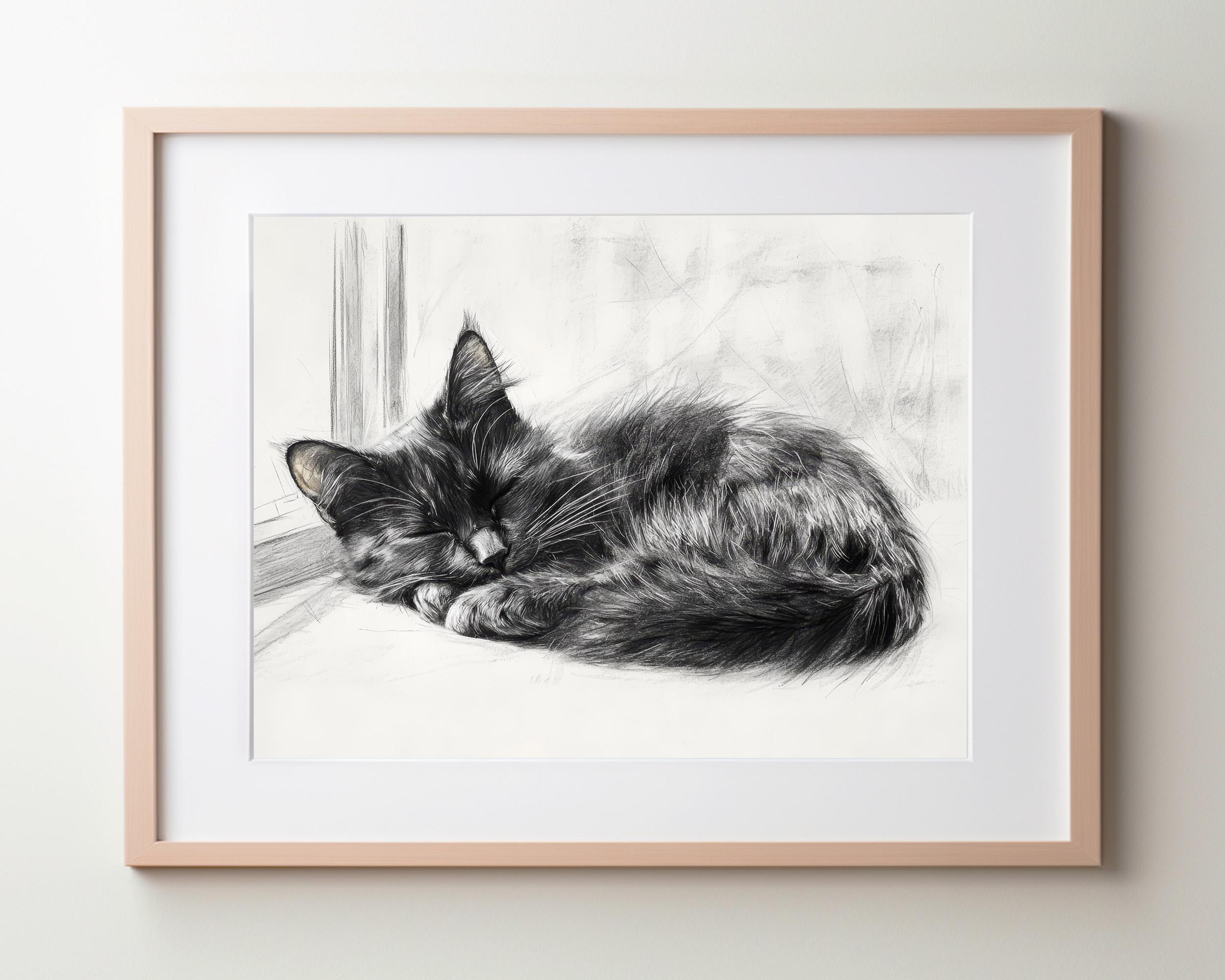 Sketch of Black Cat Sleeping on Window Sill | Minimalist Cat Art Print | Cat Nap Artwork | Realistic Pet Portrait | Feline Wall Art | CA12