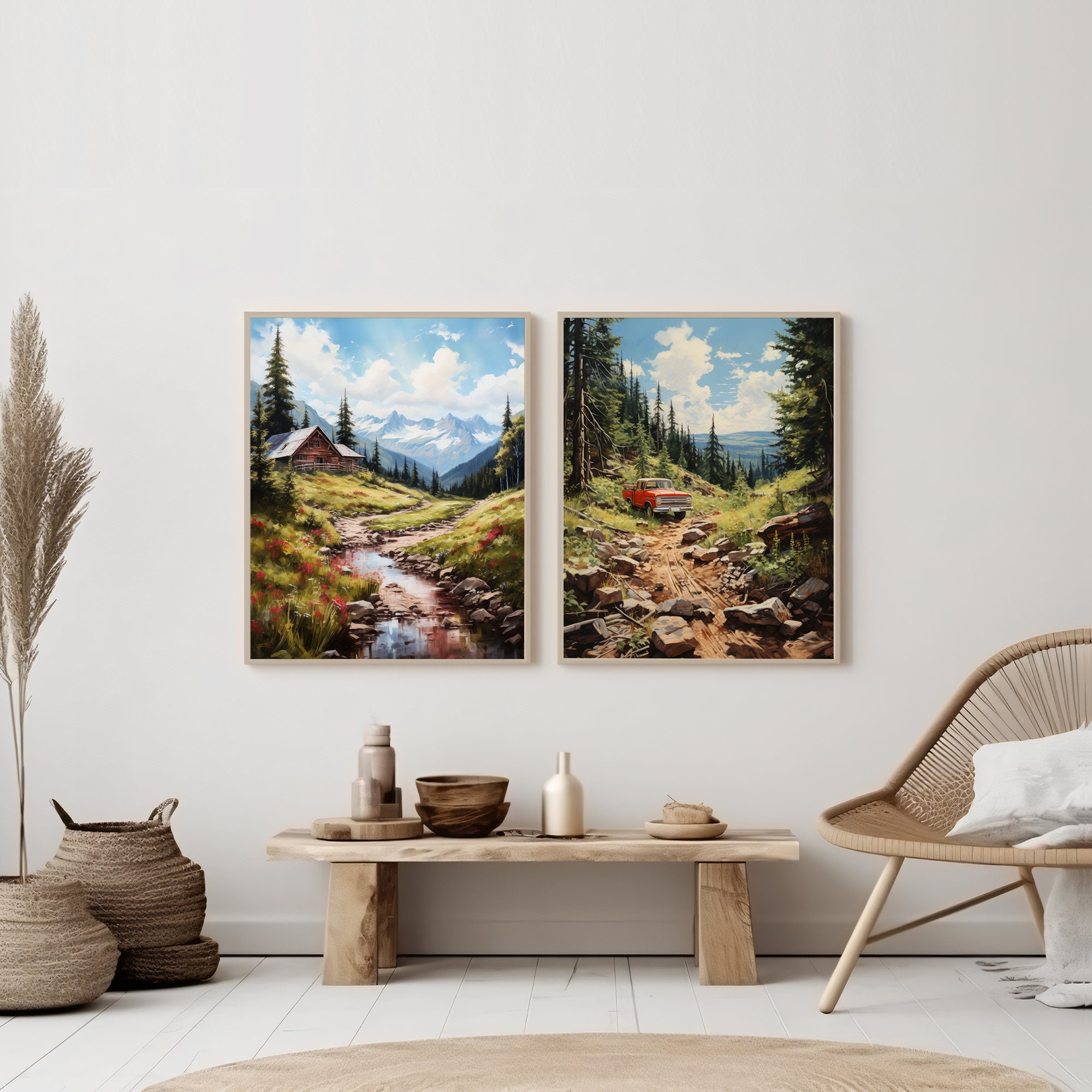 Printable Vintage Mountain Paintings Rustic Mountain Landscape Art