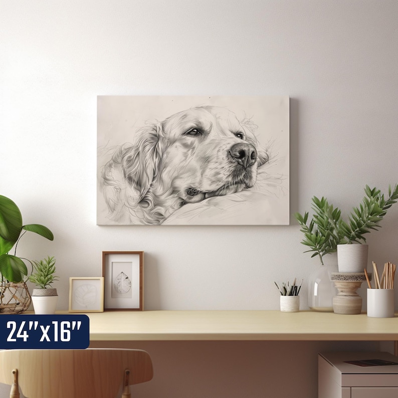 a large canvas print of a dog's portrait hanging on a wall above a wooden desk with various items on it, including a plant, a picture frame, and a vase.