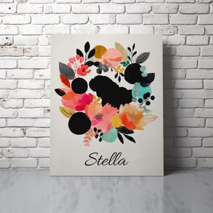 Benutzerdefinierte Englische Bulldogge Kunst | Blumen Hund Silhouette Leinwand oder Druck | Personalisierte Haustier Gedenkstätte oder Geschenk | Folk Wand Dekor