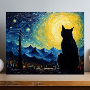 Starry Night Black Cat Canvas Print: Whimsical Celestial Art