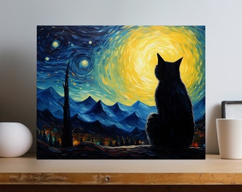 Starry Night Black Cat Canvas Print: Whimsical Celestial Art