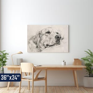 a wooden desk with a lamp, a plant, and a framed drawing of a dog on the wall above it.