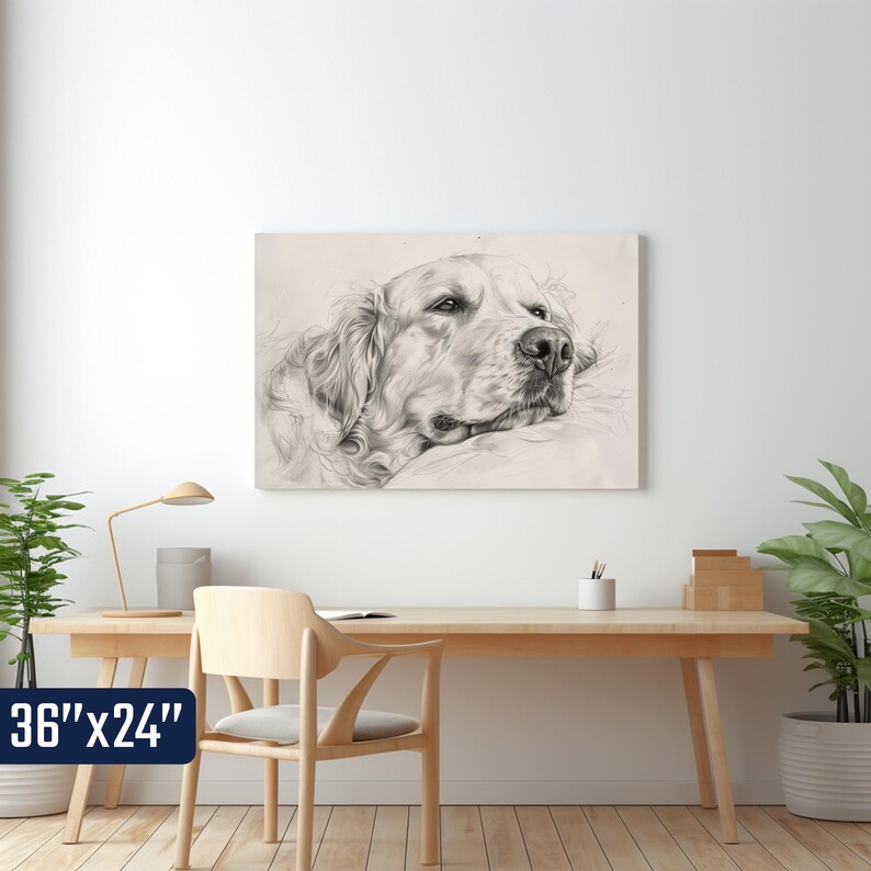 a wooden desk with a lamp, a plant, and a framed drawing of a dog on the wall above it.