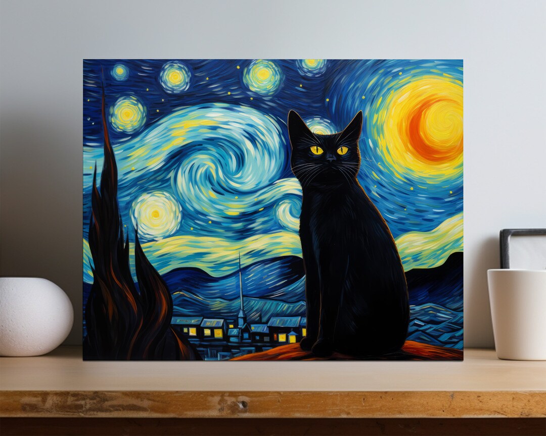Van Gogh Starry Night Black Cat | Black Cat Canvas Wall Art Print ...