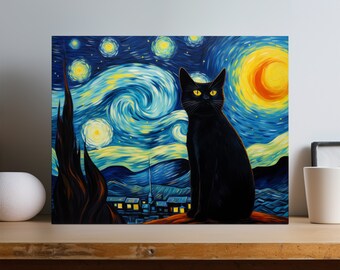 Van Gogh Starry Night Black Cat | Black Cat Canvas Wall Art Print | Vincent Van Gogh Derivative Art | Classic Artwork Home Decor