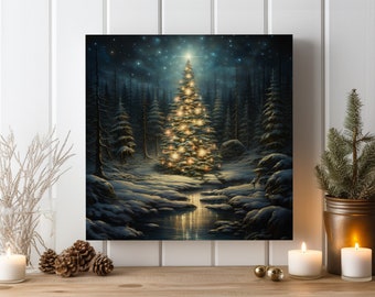 Lit Christmas Tree Snowy Mountain Landscape Canvas Wall Art Print | Winter Wonderland Xmas Artwork | CT35