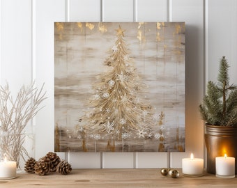 Simple Christmas Tree Wintery Art Canvas Print | Rustic Farmhouse Xmas Artwork | Gold and White Holiday Decor | CT15