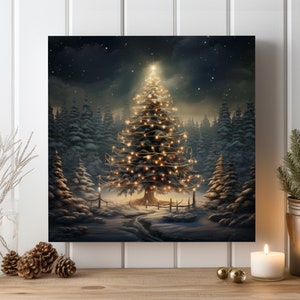 Christmas Tree Snowy Mountain Canvas Art Print: Winter Wonderland Decor