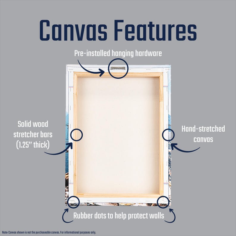 The image is a detailed description of the features of a canvas, including its pre-installed hanging hardware, solid wood stretcher bars, hand-stretched canvas, and rubber dots to help protect the walls.