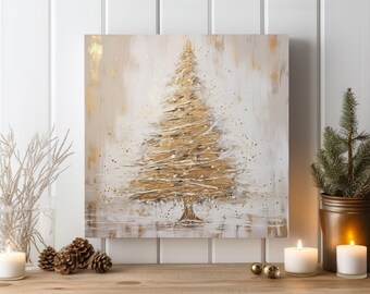Simple Christmas Tree Wintery Art Canvas Print | Rustic Farmhouse Xmas Artwork | Gold and White Holiday Decor | CT9