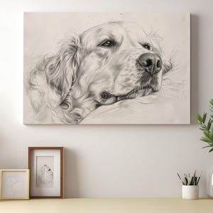 a large black and white portrait of a dog, which is hanging on a wall above a wooden shelf. The shelf contains various items such as a framed picture, a plant, and a vase.