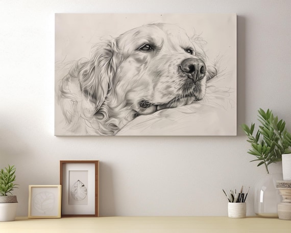 Golden Retriever Art Print | Golden Retriever Drawing Canvas Wall Art | Golden Retriever Dog Sketch | Perfect Gift for Dog Lovers | DA6