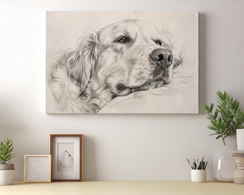 a large black and white portrait of a dog, which is hanging on a wall above a wooden shelf. The shelf contains various items such as a framed picture, a plant, and a vase.