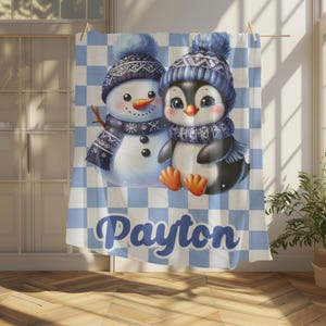 Personalized Penguin Blue Checkered Pattern Velveteen Plush Blanket, Kids Bedding Penguin Room Decor, Cozy Gift Idea, Penguin Blanket Throw