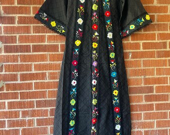 Vintage 70s rainbow floral embroidered maxi dress