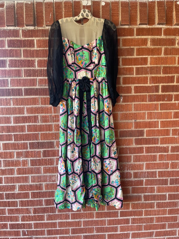 Vintage 60s neon and black floral maxi dress