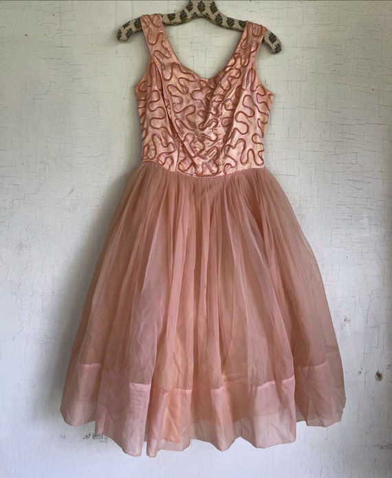 Vintage 50s Bubble Gum Pink sequins Handmade Dress