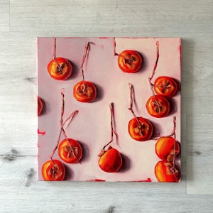 Persimmons Oil Painting - Cozy Fall Fruit Wall Art for Kitchen, Rustic Harvest Still Life in Warm Autumn Tones