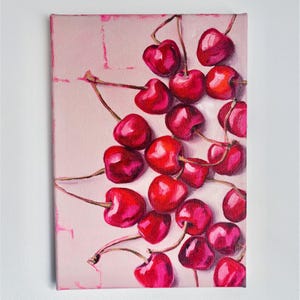 Original Oil Painting of Cherries, Red Fruit Kitchen Wall Art, Rustic Still Life, Pink Summer Decor, Cozy Farmhouse Berry Artwork