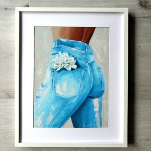 Woman Body Art: Original Oil Painting with White Flower