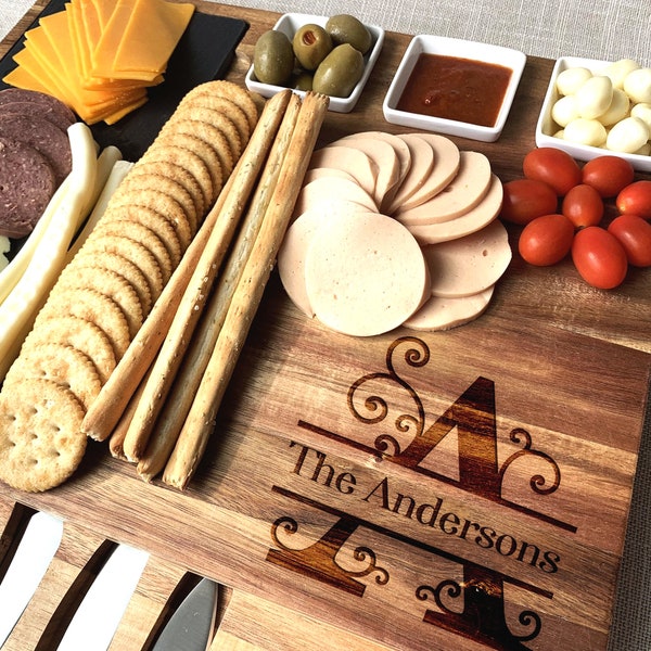 Personalized Large Cheese Board with Cheese Knives Set - 19 pieces, Custom Mothers Day Gift for Mom Wooden Charcuterie Board Set