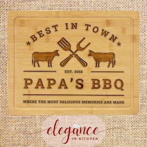 Personalized Papa&#39;s BBQ Cutting Board, Fathers Day Gift for Grandpa, Custom Engraved Bamboo Cutting Board with Drip Ring