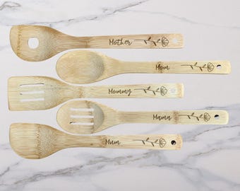 Custom Engraved Bamboo Spoon Mothers Day Gift, Floral Mama Wooden Spoon, Housewarming Gift