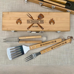 Personalised Bamboo BBQ Tools & Box Set, Fathers Day Gift, Custom Engraved Barbecue Utensils Case, Grill Master, Groomsman, Dad